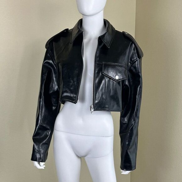 Zara Women's Size L Black Faux Leather Cropped NEW Jacket Boxy Blogger Moto Punk - Picture 10 of 17
